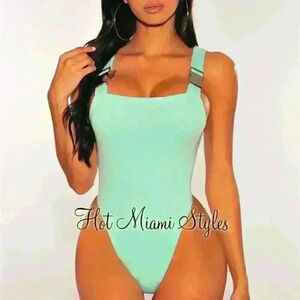 Mint Silver Buckle Straps High Cut Bodysuit